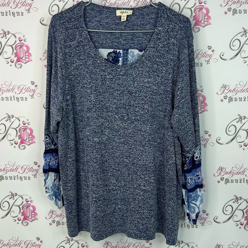 Style & Co. Long sleeve floral flowers bubble sleeve Navy Heathered Top